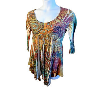 Unity World Wear Sz Large Floral Paisley Tunic Peasant Top Orange Blue